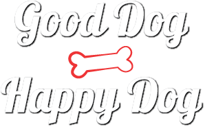 Good Dog Happy Dog logo with red bone in middle